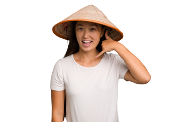 Young asian woman wearing a Vietnamese hat isolated showing a mobile phone call gesture with fingers.