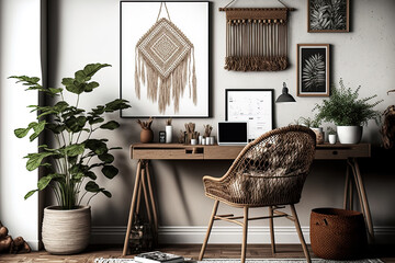 Home office with a chic bohemian interior featuring a wooden desk, rattan chair, mock up poster frame in brown, macrame, office supplies, light, decoration, and classy personal accessories. Generative