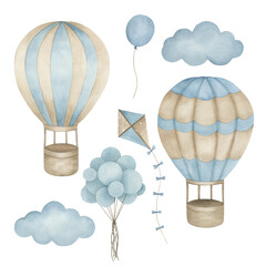 Watercolor set with hot air balloons, clouds and kite. Hand painted vintage isolated  illustration on white background. - 561614784