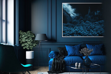 interior of a dark blue room, mockup of a blue living room,. Generative AI