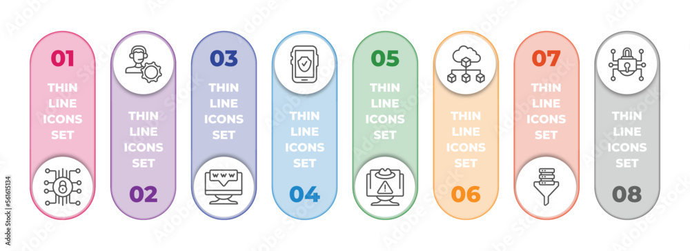 Poster internet security infographic element with outline icons and 8 step or option. internet security ico