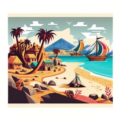 Tribal design of a stunning beach, cartoon, terracotta colors, flat vector illustration made with Generative
