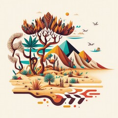 Tribal design of a stunning beach, cartoon, terracotta colors, flat vector illustration made with Generative
