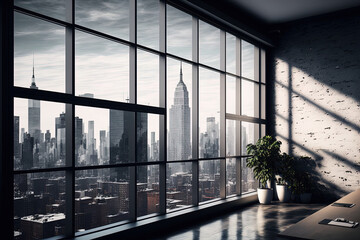 Large office space that is unoccupied. Window with a view and a glass wall. View of New York. fresh workplace design idea. Generative AI