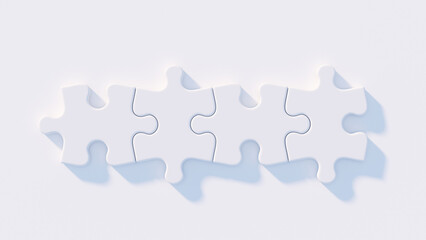 Four connected white puzzle pieces on white - 3d rendering - obrazy, fototapety, plakaty