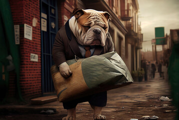 The fictional character of upset tired English bulldog  acting as a man on street  steampunk style made with Generative AI