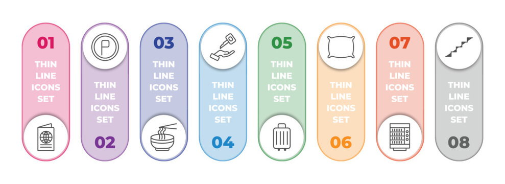 Hotel And Restaurant Infographic Element With Outline Icons And 8 Step Or Option. Hotel And Restaurant Icons Such As Passport, Parking, Ramen, Valet, Luggage, Pillow, Vending Hine, Stairway Vector.