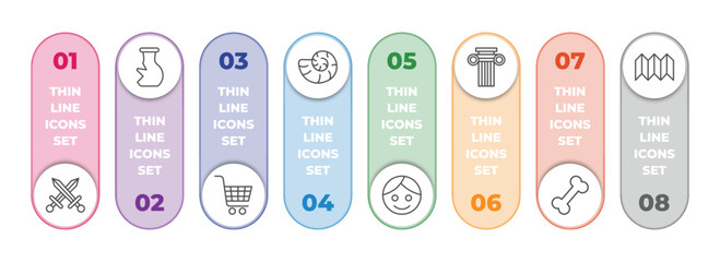 history infographic element with outline icons and 8 step or option. history icons such as swords, archaeological, cart, fossil, face, ancient, bone, trifold vector.