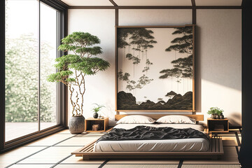 Japanese bedroom with zen bed plant and minimalist wabisabi interior mockup. Generative AI