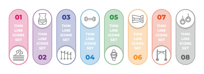 gym and fitness infographic element with outline icons and 8 step or option. gym and fitness icons such as man swimming, fitness body, horizontal bar, exercising dumbbell, sport watch, lumbar belt,