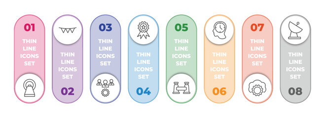 general infographic element with outline icons and 8 step or option. general icons such as mri scanner, party decoration, project team, win, pair of binoculars, patience, saas, satellite antenna