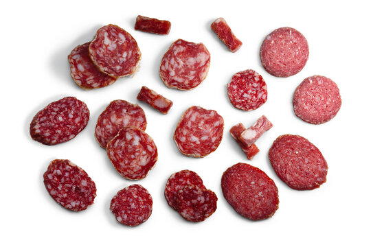 Salami, a dried fermented cured sausage slices, top view isolated png