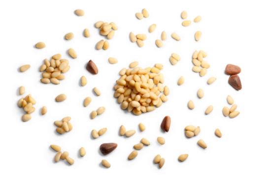 Pine nuts, pignoli (seeds of Pinus sibirica), single, in piles, shelled top view isolated png