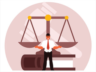 A lawyer stands against the background of scales, a code and a judge's gavel. Vector graphics - obrazy, fototapety, plakaty