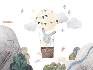 Funny bunny flies on balloons among mountains, clouds, butterflies. Watercolor hand drawn illustration. Summer mountain landscape.