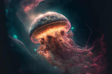 phosphorescent jellyfish in the dark. Generative AI  - obrazy, fototapety, plakaty