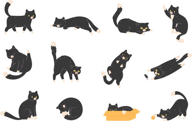 Black cats poses. Walking pussycat in different pose behavior, stretching kitten domestic animal characters, home cat sleep funny dark kitty silhouette cartoon vector illustration © ssstocker
