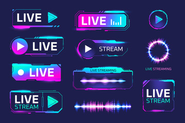 Fototapeta Game recording buttons. Gaming air live, online radio stream gamers twitch broadcast equipment streamer future technology, neon screen overlay panels media show vector illustration obraz