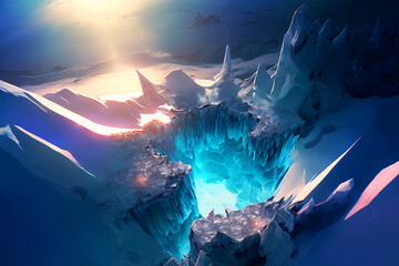 Fototapeta na wymiar Fantasy background with frozen ice rocks, shine, and ice crystals. Generated AI.