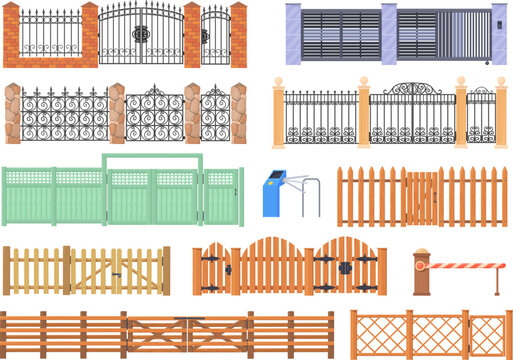 Cartoon gates and fences. Rural garden house gate of wood steel stone or brick structure, town entrance wooden fences with column modern exterior railing, neat vector illustration
