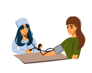 Doctor measures blood pressure to woman, flat vector illustration