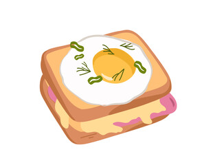 Croque Madame. Hot sandwich with ham, cheese and egg. Flat vector illustration