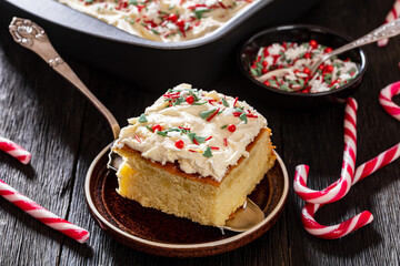 vanilla sheet cake with frosting, top view