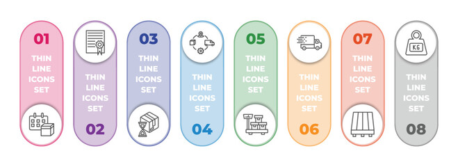 delivery and logistic infographic element with outline icons and 8 step or option. delivery and logistic icons such as delivery date, charter, wait time, supply chain, weighing, fast pallet, weight