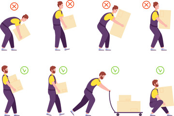Weights handling. Safety ergonomic posture of back for carry or push heavy goods, manual correctly incorrect work lifting loads loadman infographics splendid vector illustration - obrazy, fototapety, plakaty