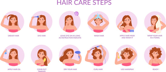 Hair care steps. Hairs treatment tutorial wash dry blow dryer step brunette dye process woman apply masks brushes oil conditioner for beautiful hairstyle swanky vector illustration - obrazy, fototapety, plakaty