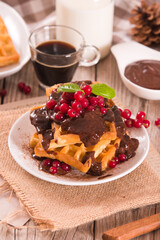 Waffle with red currant and chocolate topping on white dish.