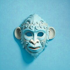 Balinese monkey mask isolated on light blue background. Sacred masks are used for various rituals. Generative AI.