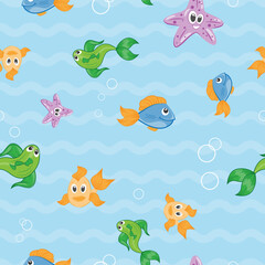Fototapeta na wymiar Sealife cartoon seamless pattern. Marine creatures repeat pattern design. Colorful vector illustrations of fishes, starfish and ocean with bubbles