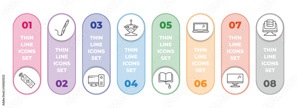 Poster computer infographic element with outline icons and 8 step or option. computer icons such as tv cont