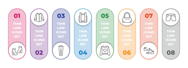 clothes infographic element with outline icons and 8 step or option. clothes icons such as ankle boots, collarless cotton shirt, leggins, basketball jersey, sweatshirt, barrel handbag, flat shoes,