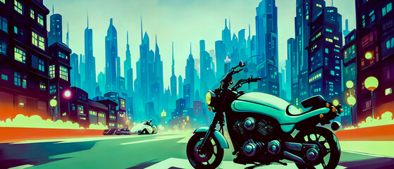 A abstract representation of a motorcycle is set against a bustling cityscape. The use of vibrant colors and dynamic brushstrokes convey a sense of speed and movement. Generative AI