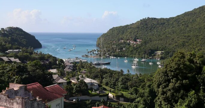 St Lucia Marigot Bay Caribbean boats village yacht. British Commonwealth Island. National Marine Reserve. Cruise ship vacation destination. Yacht, sailboat harbor and marina.
