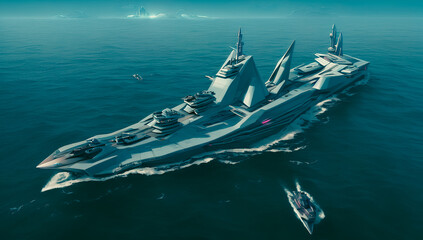 Naklejka premium Futuristic ship on the sea. Generative AI