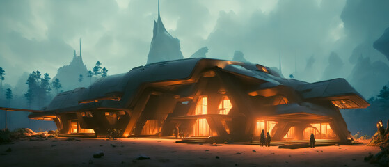 Artistic concept painting of a beautiful futuristic temple,Generative AI