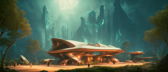 Artistic concept painting of a beautiful futuristic temple,Generative AI