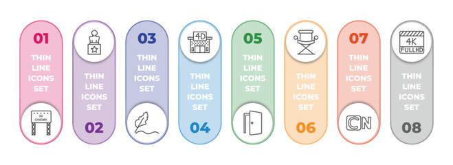 cinema infographic element with outline icons and 8 step or option. cinema icons such as movie billboard, award, author, movie theater, doorway, director film chair, , 4k fullhd vector.