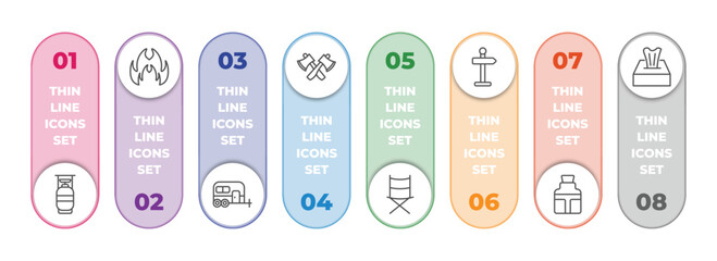 camping infographic element with outline icons and 8 step or option. camping icons such as cooking gas, gas, caravan, axes, folding chair, direction, flask, tissue vector.