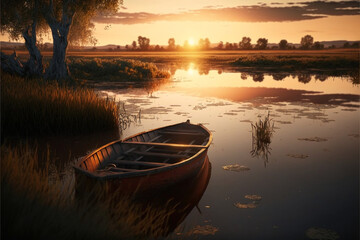 Boat on a Lake at Sunset