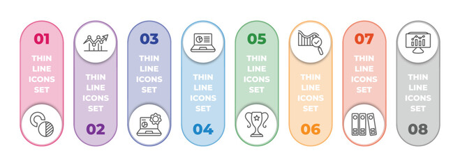business and analytics infographic element with outline icons and 8 step or option. business and analytics icons such as value chart, dot, data analytics, laptop profits graphics, achievement,