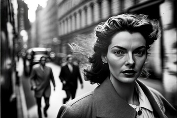 young woman walking in London in 1950. monochromatic vintage. This image was created with generative AI,
