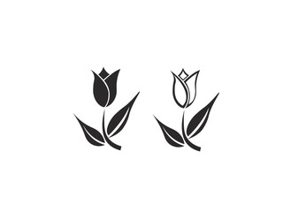 Black silhouettes of tulip flowers. Vector illustration. Vector set of black silhouettes of tulip flowers isolated on a white background.