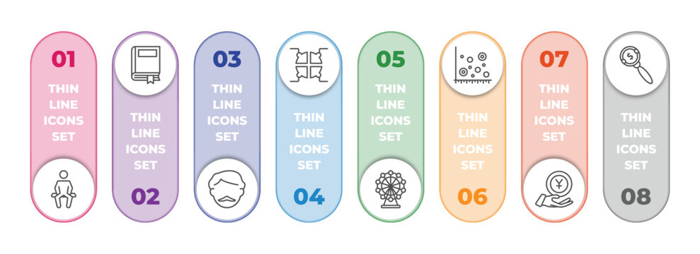 business infographic element with outline icons and 8 step or option. business icons such as sitting, story, man with moustach, infographic elements, ferris wheels, scatter chart, yen coin on hands,
