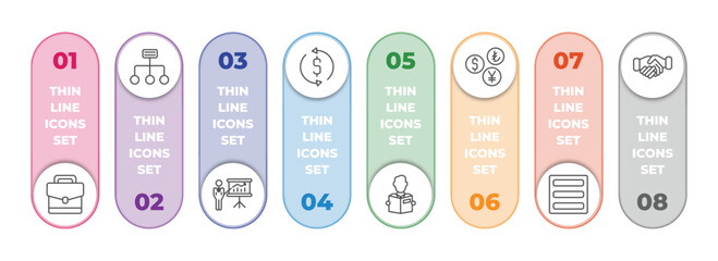 business infographic element with outline icons and 8 step or option. business icons such as business briefcase, structure, graphic panel and man, money convert, reader, currencies, basic burger,