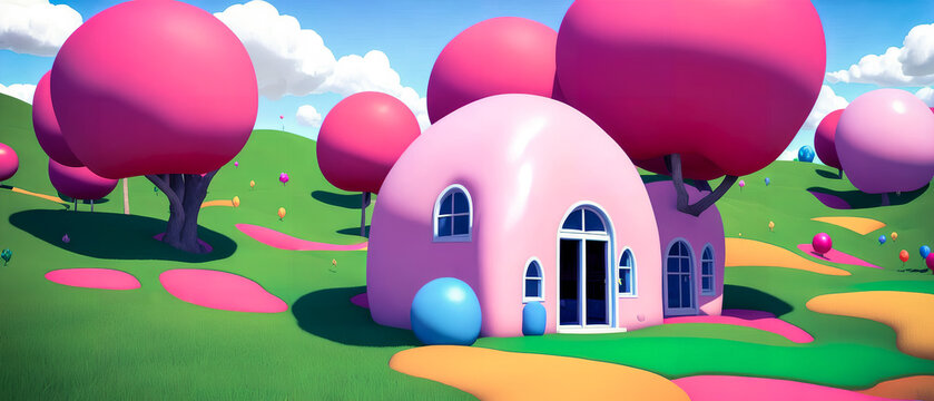 Artistic painting of a colorful candy house land, wallpaper