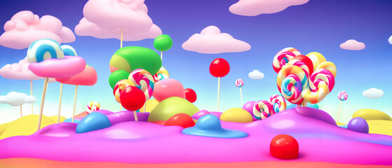 A fairy tale landscape full of sweets, candies, and cotton candy creates a whimsical and fantastical scene. Generative AI